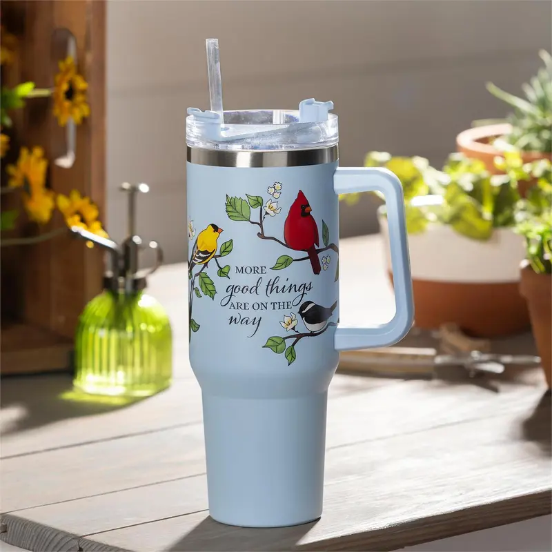 Cottage Garden Tumbler Stainless-Steel Canyon Cup w/ Straw, Bird Friends, 40oz, Gift Box