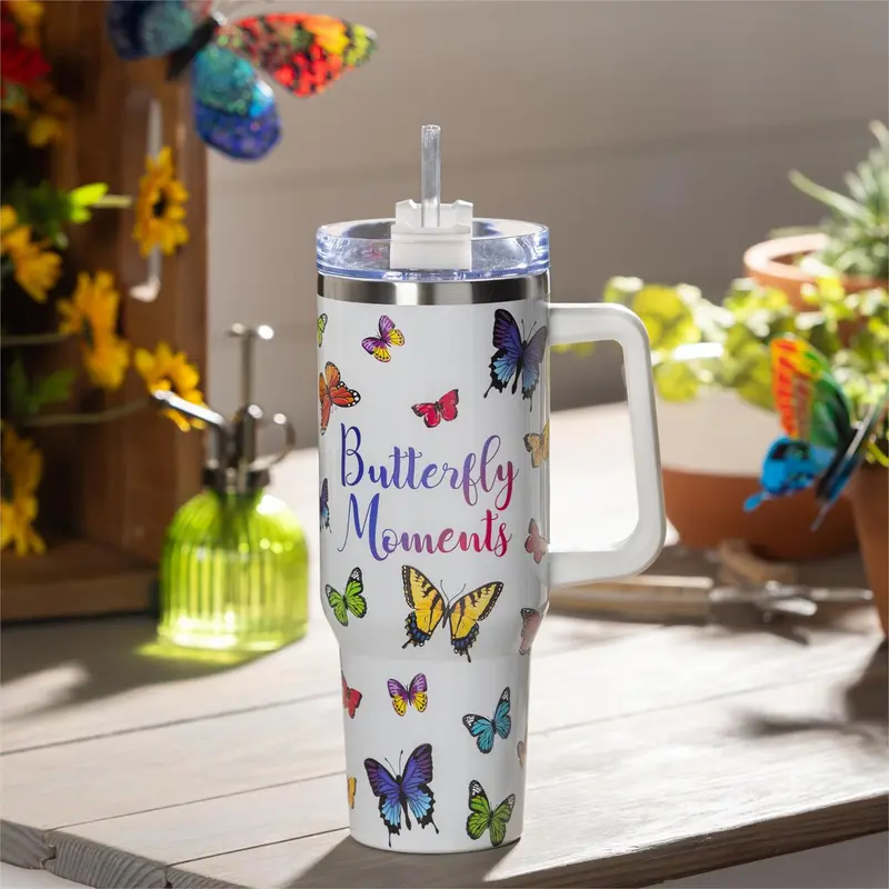 Cottage Garden Tumbler Stainless-Steel Canyon Cup w/ Straw, Butterfly Moments, 40oz, Gift Box