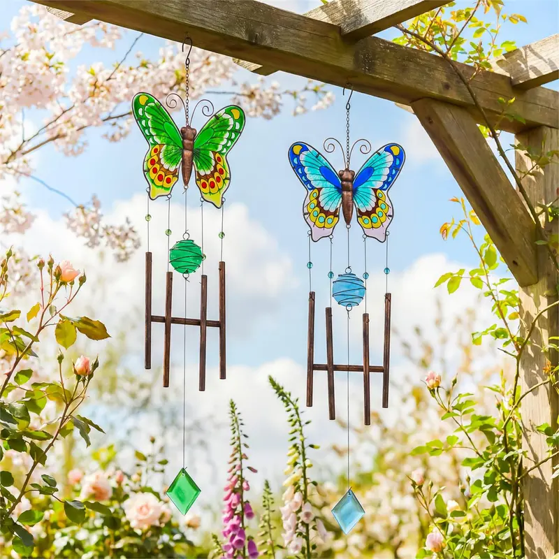 Cottage Garden Wind Chime, Glass and Metal, Butterfly Asst of 2