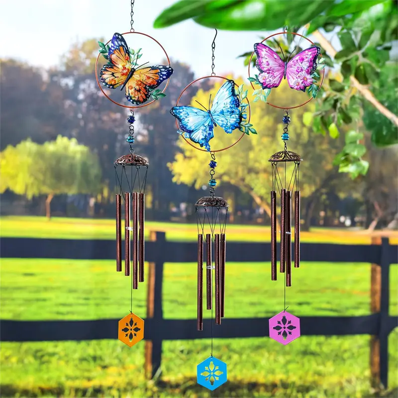 Cottage Garden Wind Chime, Metal, Butterfly, 32.5", Asst of 3
