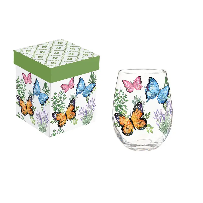 Cottage Garden Wine Glass Stemless, Butterfly, 17oz, Gift Box
