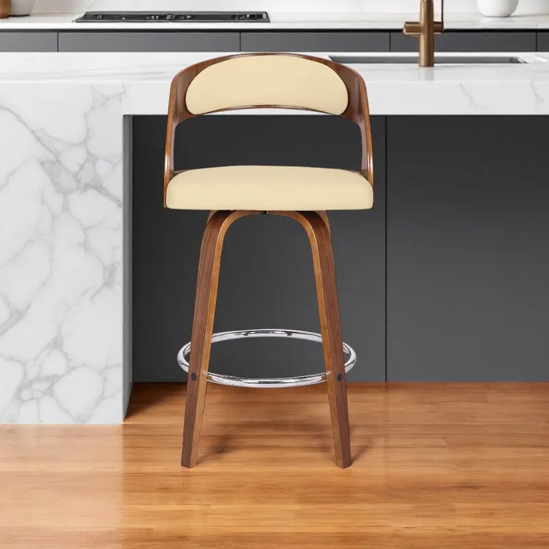 Cream And Brown Faux Leather And Iron Swivel Low Back Counter Height Bar Chair By Homeroots