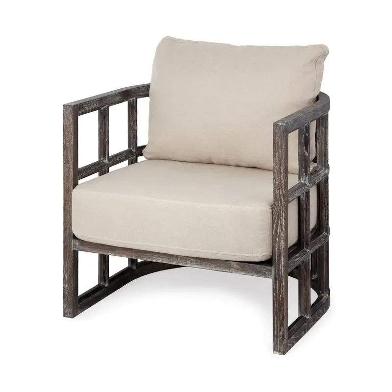 Cream Fabric Covered Cushioned Demi Lune Accent Chair with Wooden Frame By Homeroots