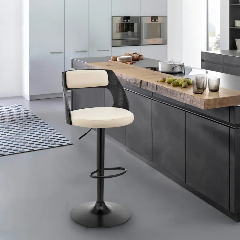 Cream Upholstered Black Base Adjustable Swivel Bar Stool By Homeroots