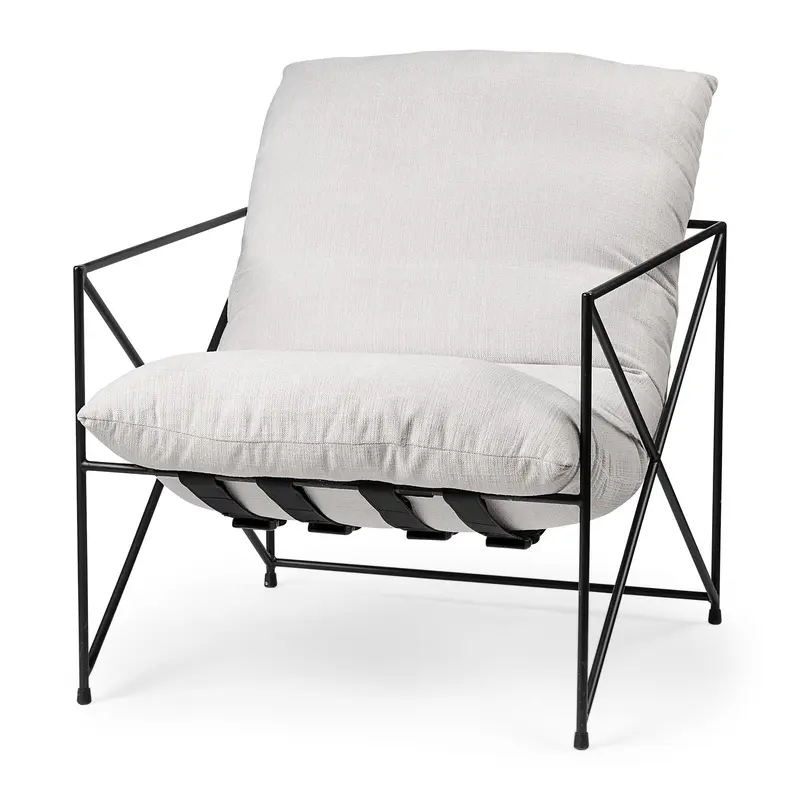 Cream Upholstered Padded Seat Accent Chair with Black Metal Frame By Homeroots