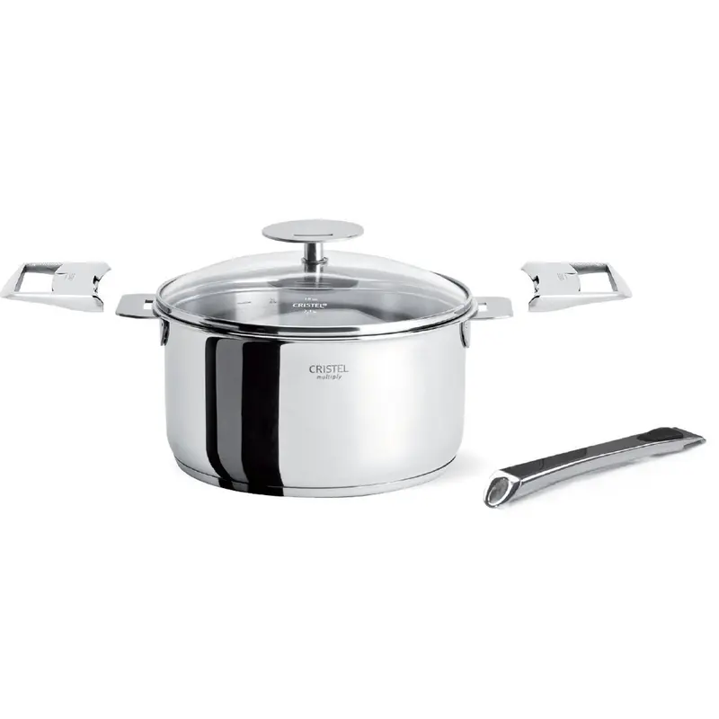 Cristel Casteline Set with 1-Quart Saucepan With Domed Glass Lid, Long Handle and 2 Grips(5 Pcs) - Detachable Handlew
