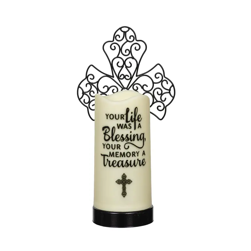 Cross LED Wax Candle with Metal Holder Set