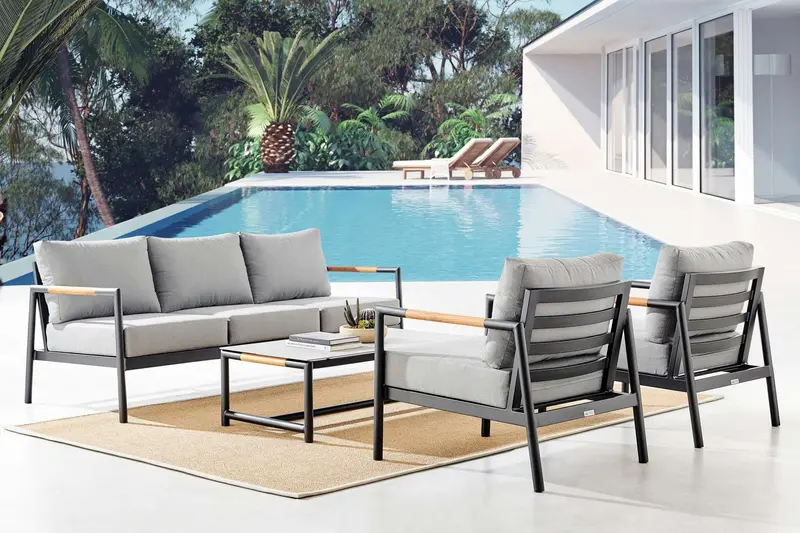 Crown 4 Piece Black Aluminum and Teak Outdoor Seating Set with Dark Gray Cushions By Armen Living