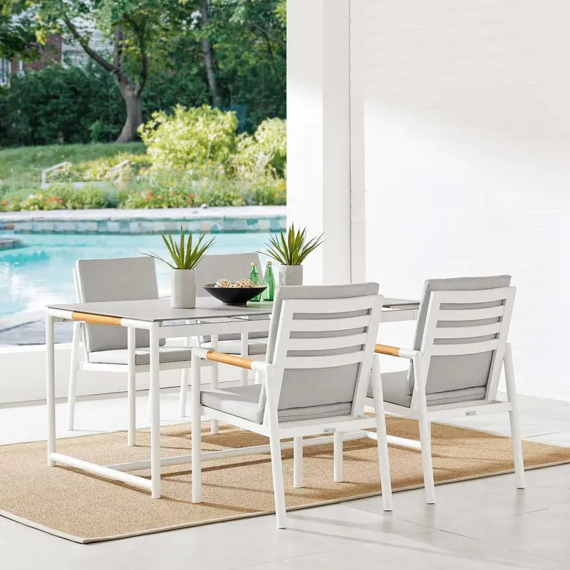 Crown 5 Piece White Aluminum and Teak Outdoor Dining Set with Light Gray Fabric By Armen Living