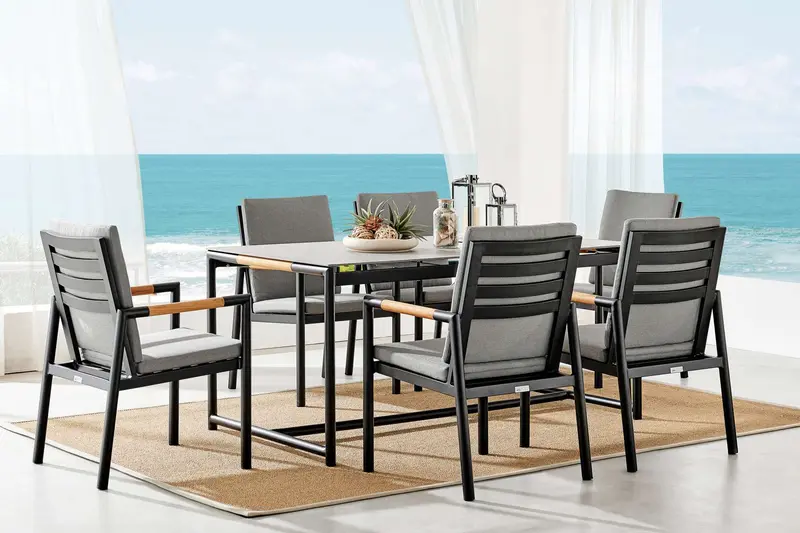 Crown 7 Piece Black Aluminum and Teak Outdoor Dining Set with Dark Gray Fabric By Armen Living