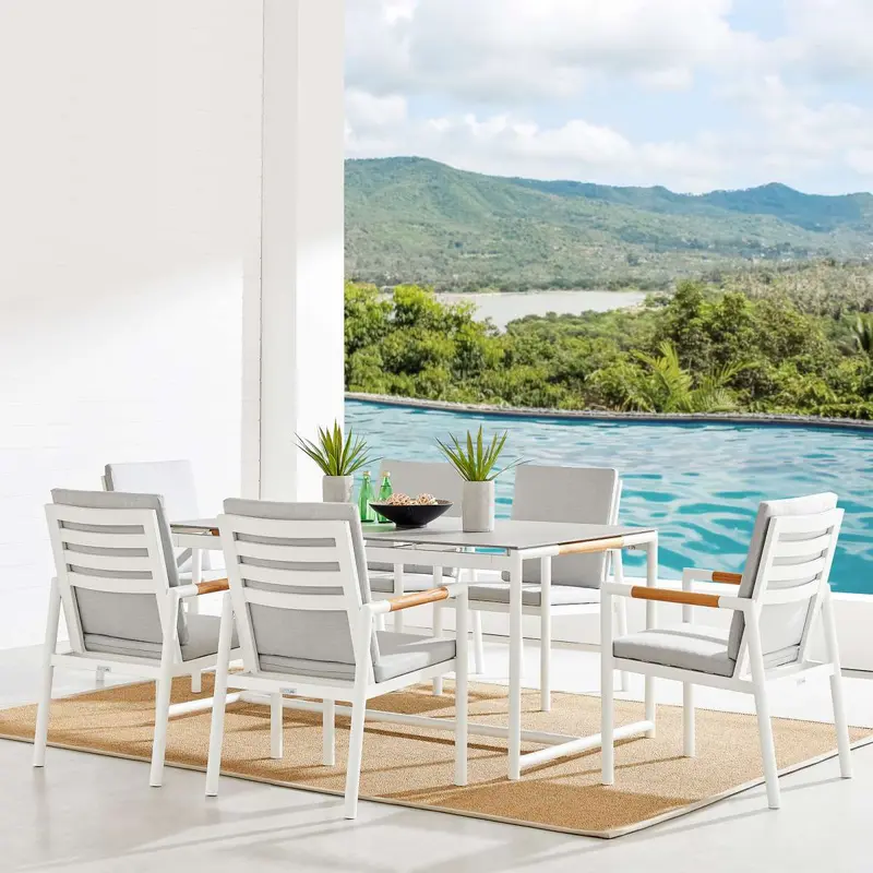 Crown 7 Piece White Aluminum and Teak Outdoor Dining Set with Light Gray Fabric By Armen Living