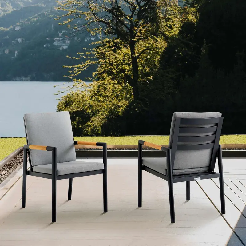 Crown Black Aluminum and Teak Outdoor Dining Chair with Dark Gray Fabric - Set of 2 By Armen Living