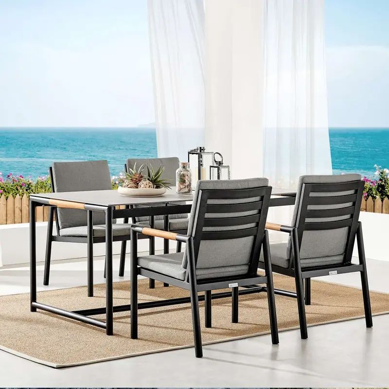 Crown Black Aluminum and Teak Outdoor Dining Table with Stone Top By Armen Living