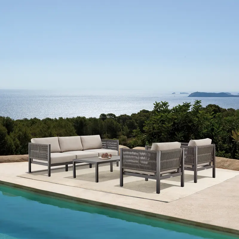 Cuffay 4 Piece Outdoor Patio Furniture Set in Brown Aluminum and Rope with Cushions By Armen Living