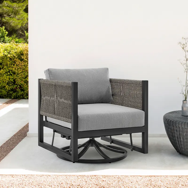 Cuffay Outdoor Patio Swivel Glider Lounge Chair in Black Aluminum with Grey Cushions By Armen Living