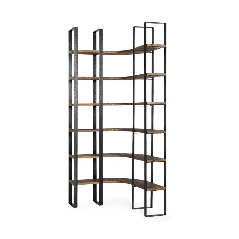 Curved Dark Brown Wood And Black Iron 6 Shelving Unit By Homeroots