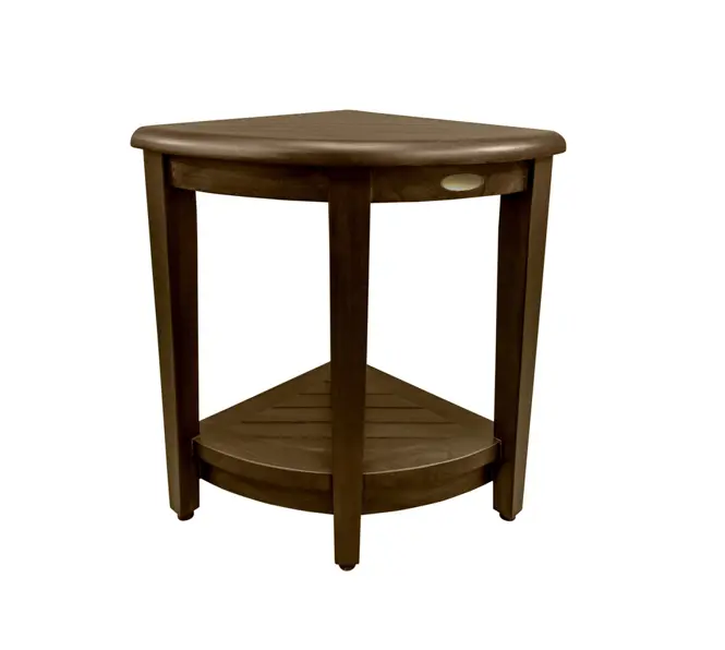 Curvilinear Dark Brown Teak 18" Corner Shower Bench With Shelf By Homeroots - 383307