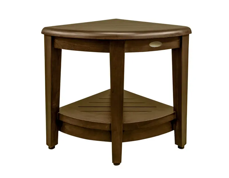 Curvilinear Dark Brown Teak 18" Corner Shower Bench With Shelf By Homeroots - 383308