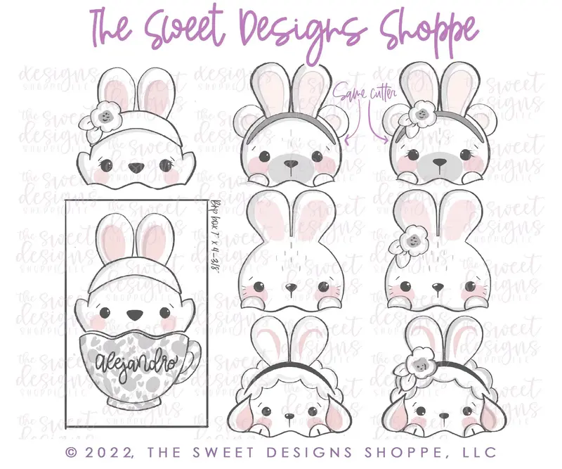 Cute Bunny, Girly Bunny, Lamb, Girly Lamb, Chick, Girly Chick, Bear in Mug -Two Piece Set - Set of 8 - Cookie Cutters