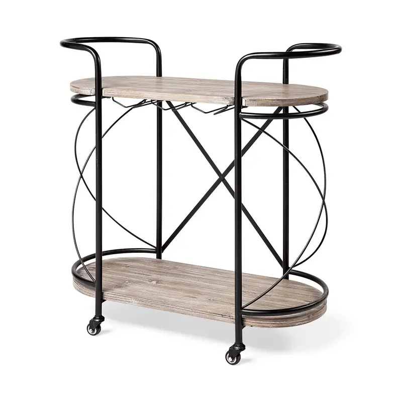 Cyclider Black Metal With Two Wooden Shelves Bar Cart By Homeroots