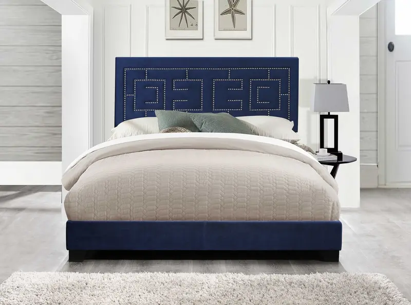 Dark Blue Velvet Upholstered Bed Wood Leg Queen Bed By Homeroots