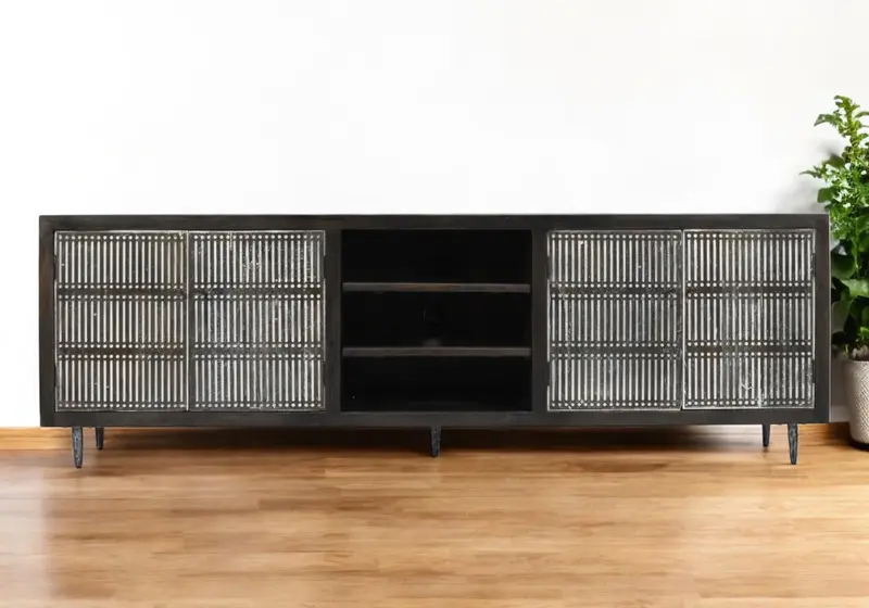 Dark Brown Carved Geometric Distressed Solid Wood Enclosed and Open Storage TV Stand By Homeroots