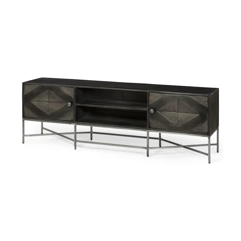 Dark Brown Solid Mango Wood Finish TV Stand Media Console With 2 Doors And 2 Open Shelves By Homeroots