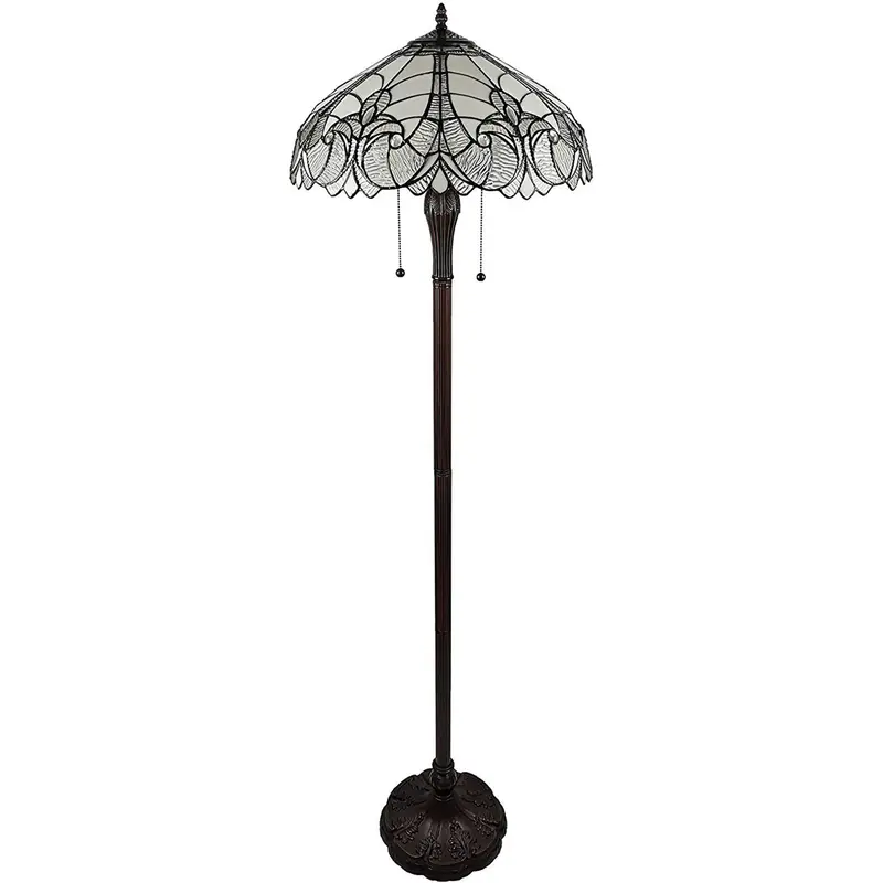 Dark Brown Two Light Torchiere Floor Lamp With White Fleur de Lis Glass Dome Shade By Homeroots