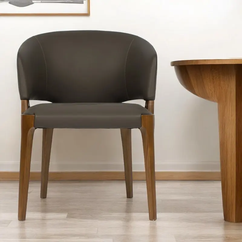 Dark Gray And Brown Upholstered Faux Leather Wing Back Dining Arm Chair By Homeroots