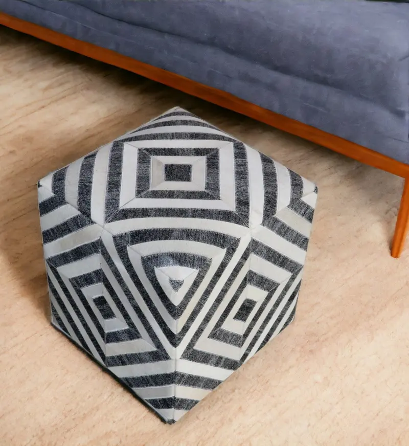Dark Gray and Ivory Hair on Hide Cube Geometric Pouf Ottoman By Homeroots
