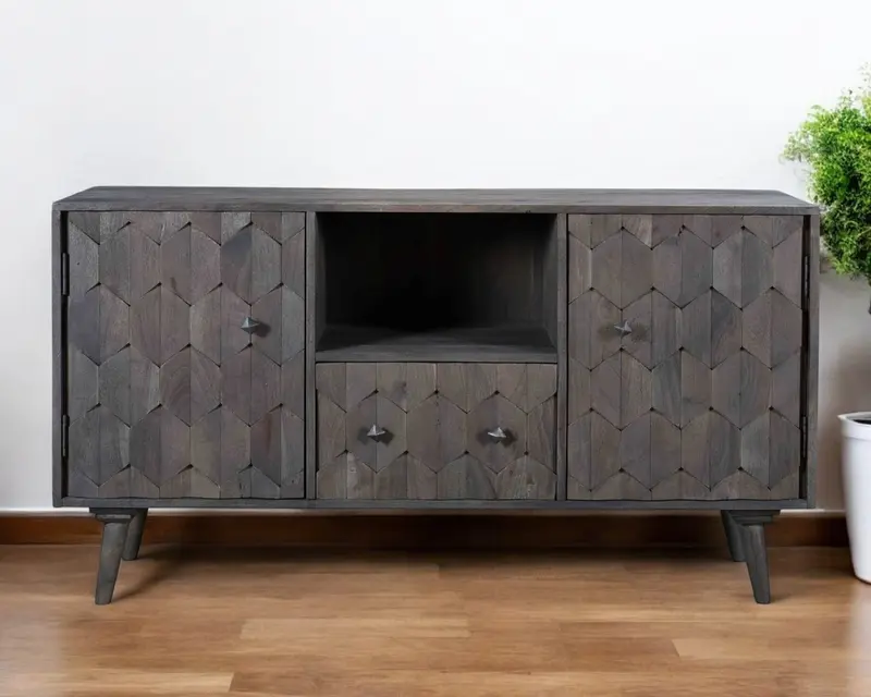 Dark Gray Carved Geometric Distressed Solid Wood Enclosed and Open Storage TV Stand By Homeroots