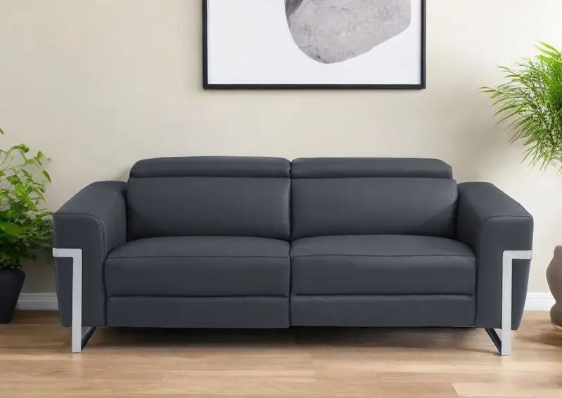 Dark Gray Italian Leather USB Reclining Sofa With Silver Legs By Homeroots
