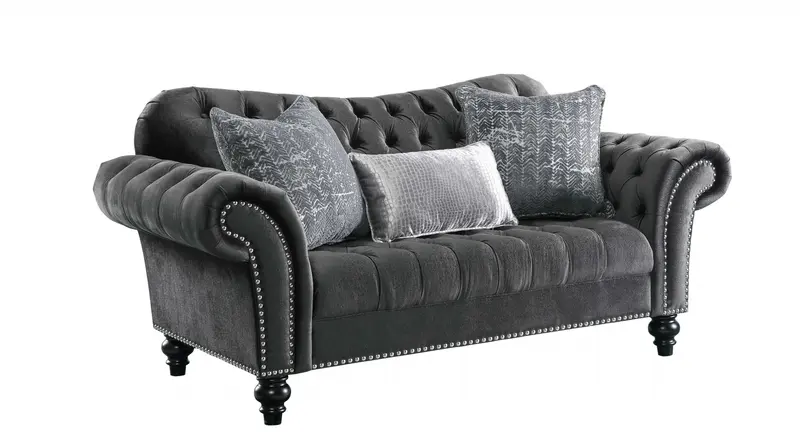 Dark Gray Velvet Loveseat w Pillows By Homeroots - 318831
