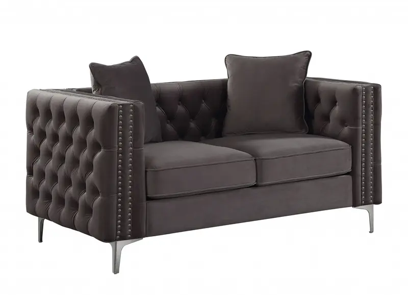 Dark Gray Velvet Loveseat w Pillows By Homeroots - 318846