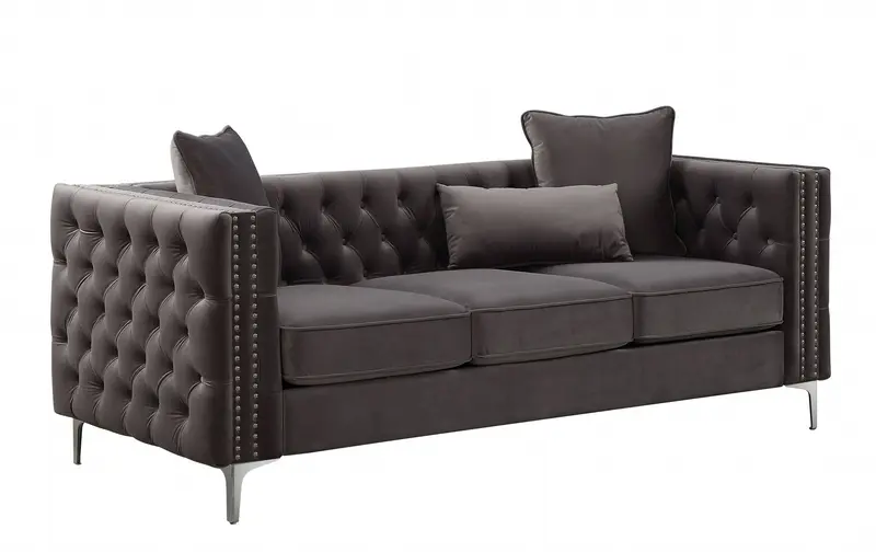 Dark Gray Velvet Sofa w Pillows By Homeroots - 318845