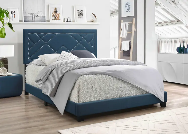 Dark Teal Fabric Upholstered Bed Wood Leg Eastern King Bed By Homeroots
