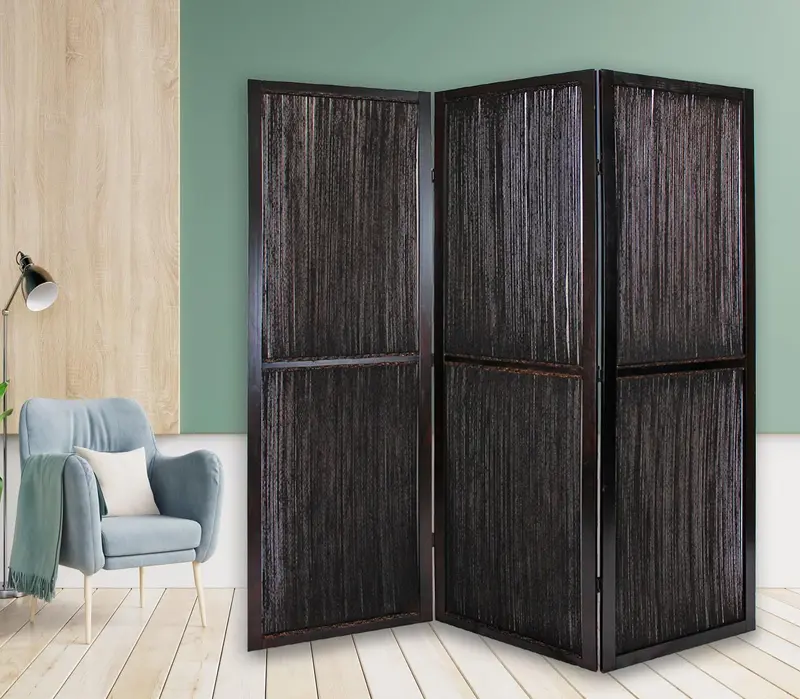 Dark Wood and Water Hyacinth 3 Panel Room Divider Screen By Homeroots