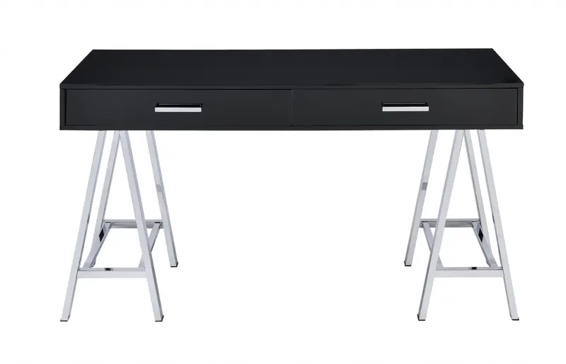 Desk In Black & Chrome - Glossy Polyester Particl Black & Chrome By Homeroots