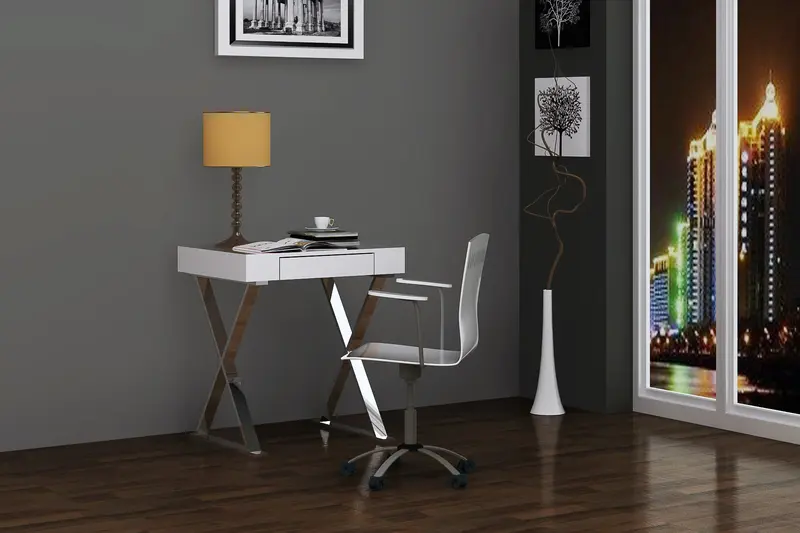 Desk Small High Gloss White One Drawer Stainless Steel Base By Homeroots