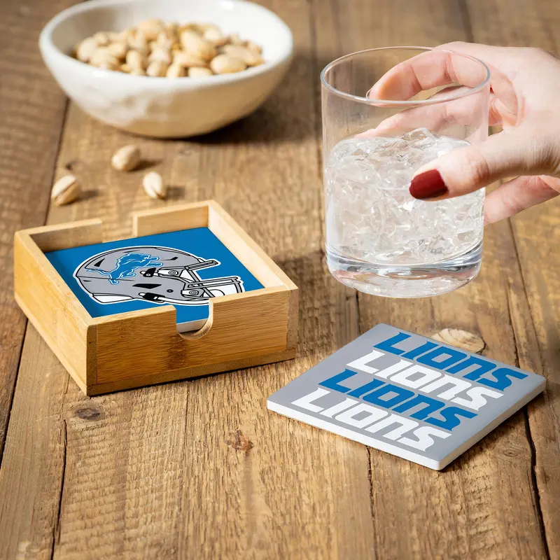 Detroit Lions Ceramic Coasters Set, 4pcs with Wood Caddy