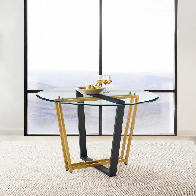 Devi 48" Round Dining Table in Gold Stainless Steel and Black Iron Base with Glass Tabletop By Armen Living