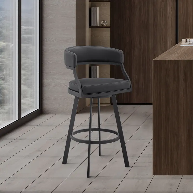 Dione 30" Bar Height Swivel Black Faux Leather and Metal Bar Stool By Armen Living