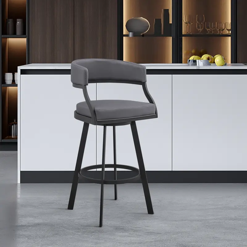 Dione 30" Bar Height Swivel Grey Faux Leather and Black Metal Bar Stool By Armen Living