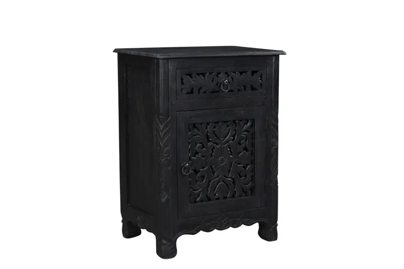 Distressed Black One Drawer Carved Floral Solid Wood Nightstand By Homeroots