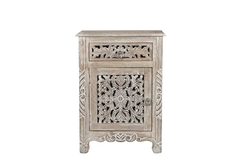 Distressed Gray One Drawer Carved Floral Solid Wood Nightstand By Homeroots
