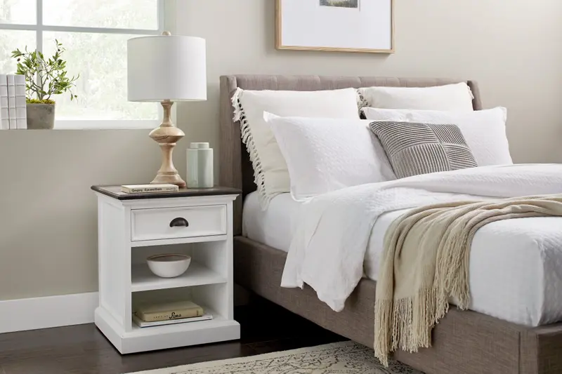 Distressed White And Deep Brown Nightstand With Shelves By Homeroots