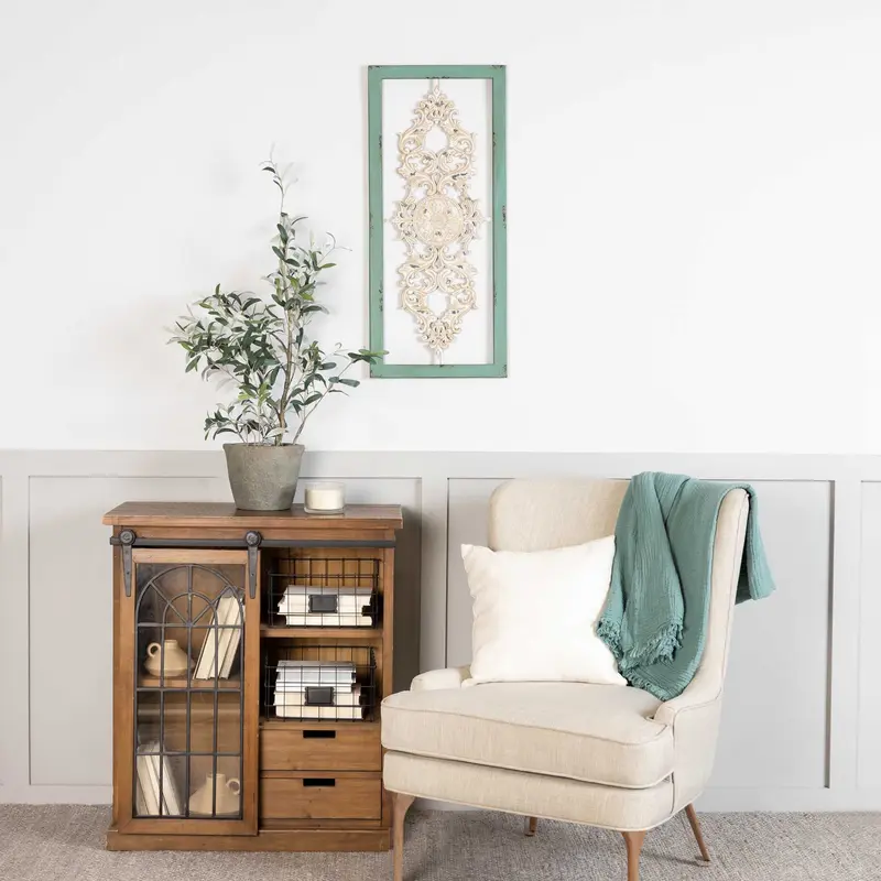 Distressed White and Turquoise Framed Scroll Metal Panel By Homeroots