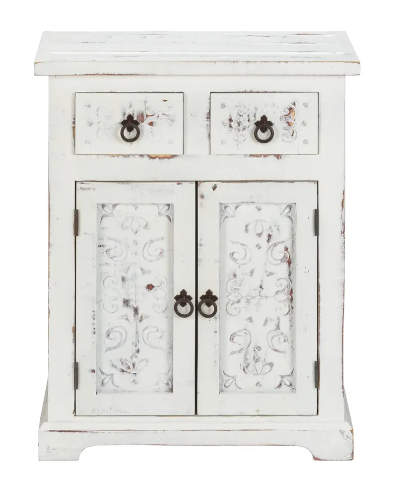 Distressed White Wooden Carved 2 Door And 2 Drawer Cabinet By Homeroots