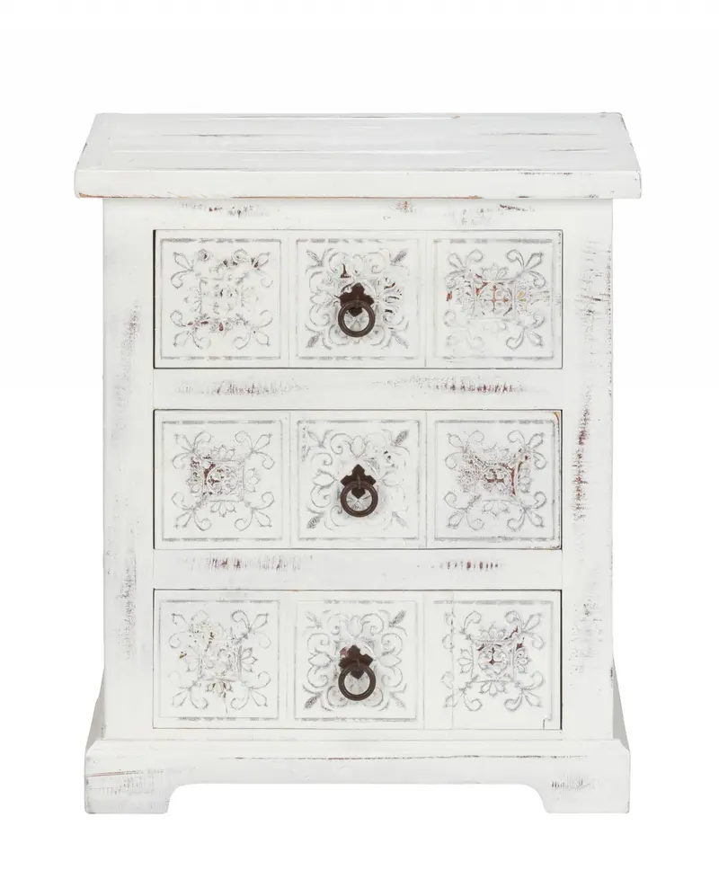 Distressed White Wooden Carved 3 Drawer Cabinet By Homeroots