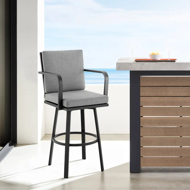 Don 30" Outdoor Patio Bar Stool in Black Aluminum with Grey Cushions By Armen Living